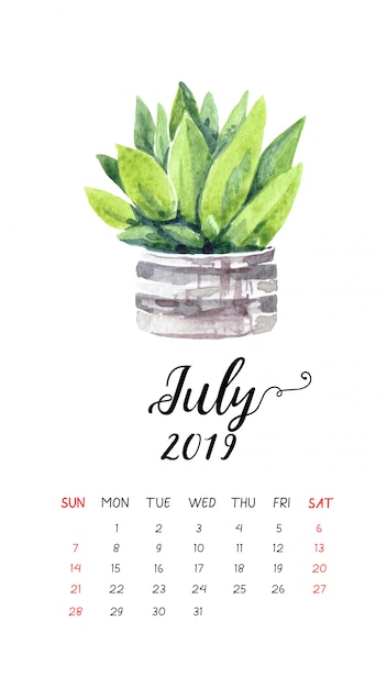 Vector calendario de cactus en acuarela para julio de 2019.