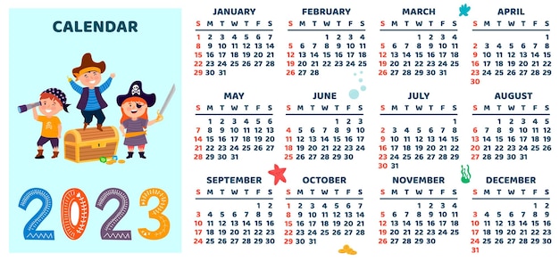 Calendario colorido calendario infantil con diseño pirata piratas y cofre del tesoro