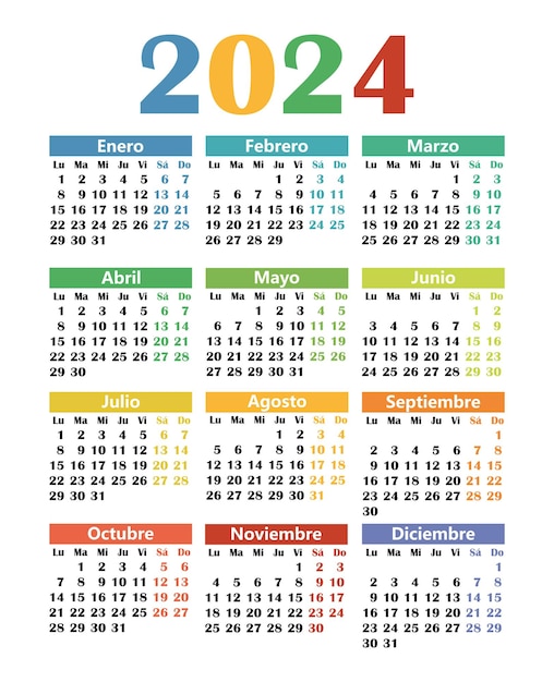 Vector calendario colorido en español para 2024 la semana comienza el lunes