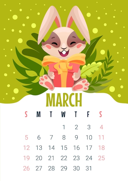 Vector calendario de conejo colorido 2023 página del calendario de marzo con un pequeño y lindo conejito feliz para imprimir