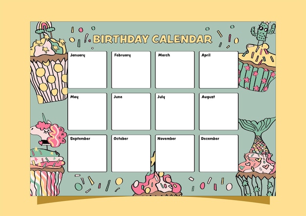 Calendario de cumpleaños para niños de estilo boho con dulces cupcakes en el fondo