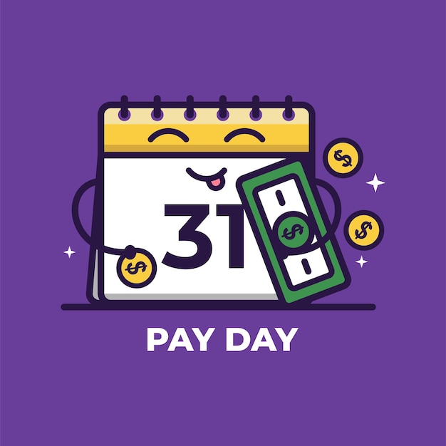 Calendario de dibujos animados lindo con dinero Día de pago ilustración vectorial Concepto de pago de salario
