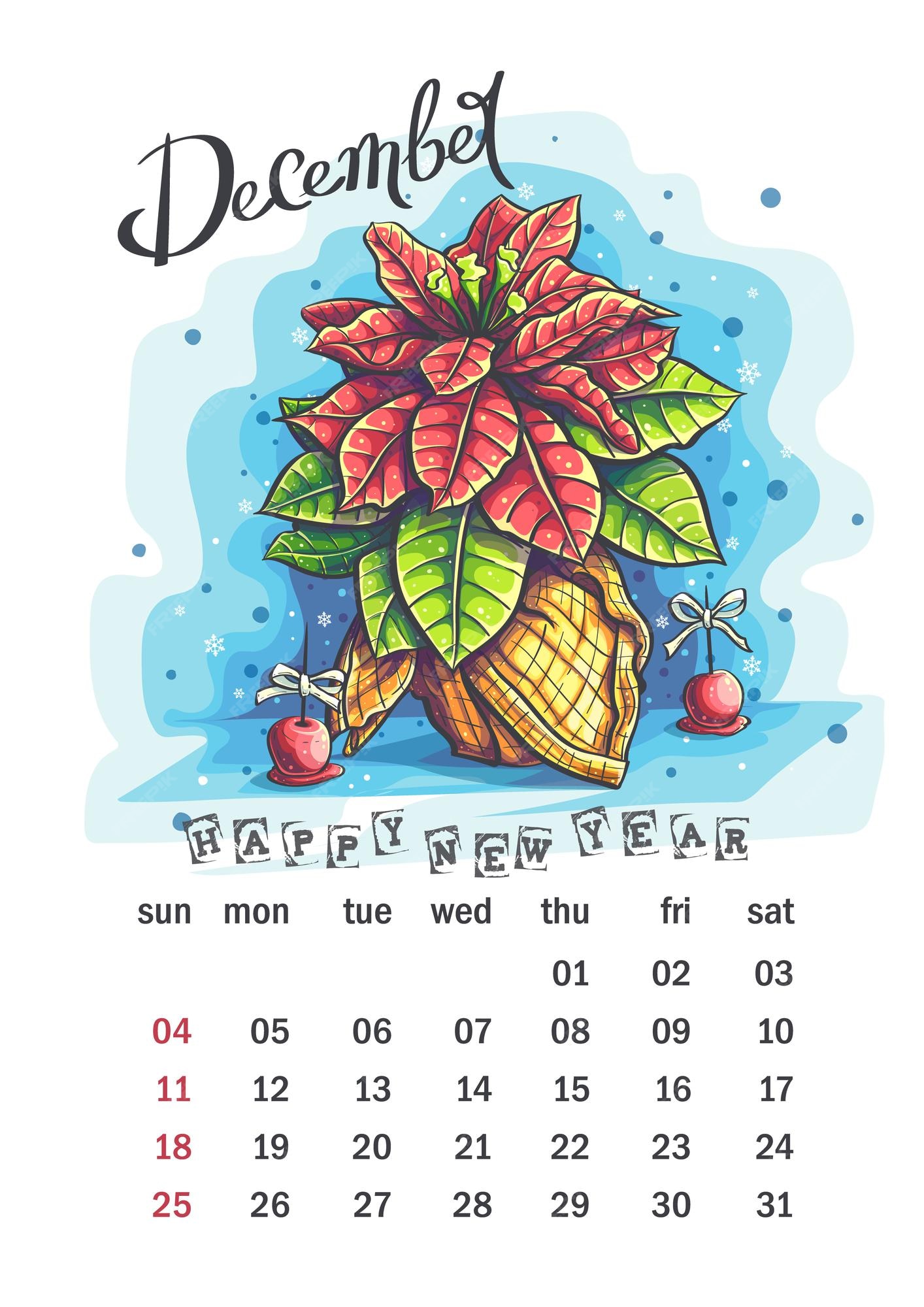 Mes De Diciembre 2022 Calendario diciembre 2022. divertidos dibujos animados euphorbia  pulcherrima en una canasta de bufanda | Vector Premium