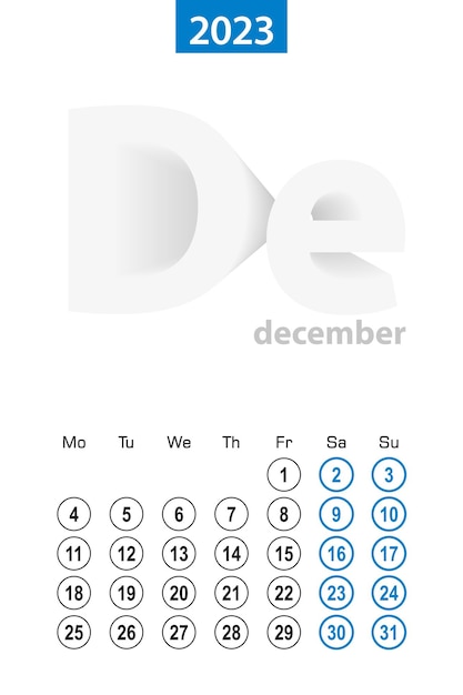 Calendario para diciembre de 2023 diseño de círculo azul La semana en inglés comienza el lunes