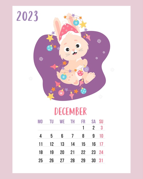 Calendario de diciembre de 2023 lindo conejito con guirnalda y bolas de navidad semana del lunes en inglés