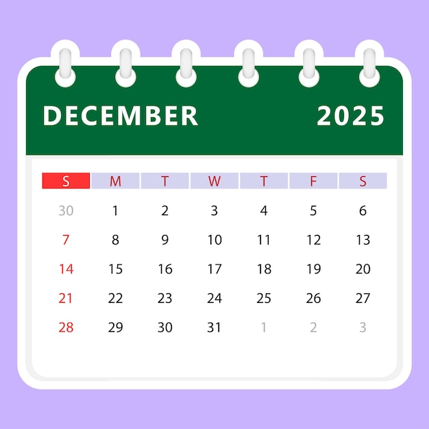 Calendario de diciembre de 2025 comienzo de domingo Diseño vectorial Vector Premium