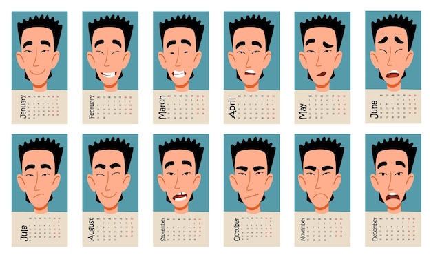 Calendario con emociones divertidas de un personaje asiático masculino