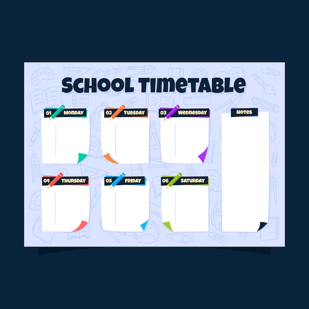 Calendario escolar de notas adhesivas con fondo de papelería doodle