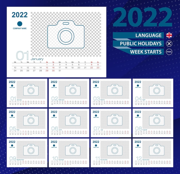 Calendario de escritorio 2022, cuadrícula de 2 semanas en inglés. lugar para foto para ilustración.