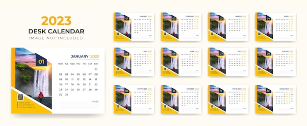 Calendario de escritorio 2023 o calendario mensual y semanal Calendario de Año Nuevo 2023 Plantilla de diseño.