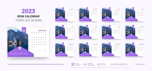Calendario de escritorio 2023 o calendario mensual y semanal Calendario de Año Nuevo 2023 Plantilla de diseño.