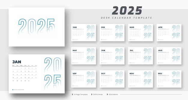 Calendario de escritorio 2025 plantilla de 12 páginas La semana de plantilla de planificador de calendario de escritorio 2023 comienza el lunes