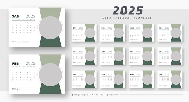 Calendario de escritorio 2025 plantilla de 12 páginas La semana de plantilla de planificador del calendario de escritorio 2025, comienza el domingo.