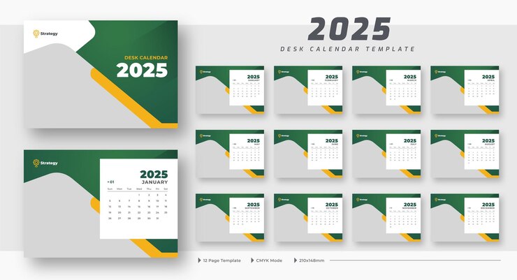 Calendario de escritorio 2025 plantilla de 12 páginas La semana de plantilla de planificador del calendario de escritorio 2025, comienza el domingo.