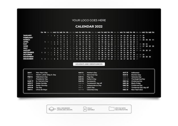 Calendario de escritorio horizontal 2022 blanco en negro