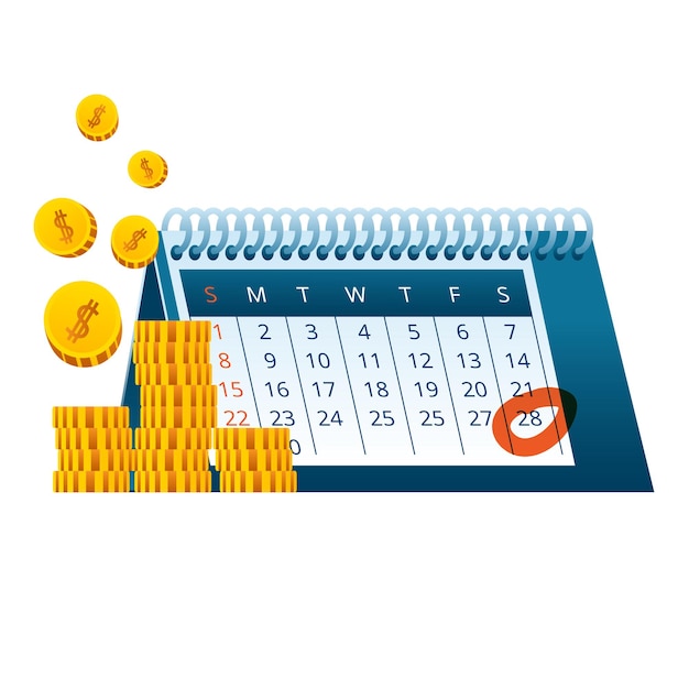 Un calendario de escritorio marcado con una fecha límite y una pila de monedas.