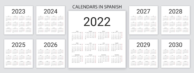 Calendario español 2022, 2023, 2024, 2025, 2026, 2027, 2028, 2029, 2030 años. ilustración vectorial. plantilla simple.