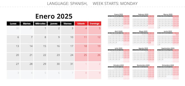 Calendario español 2025 Una colección de ilustraciones vectoriales para cada mes del año Para España