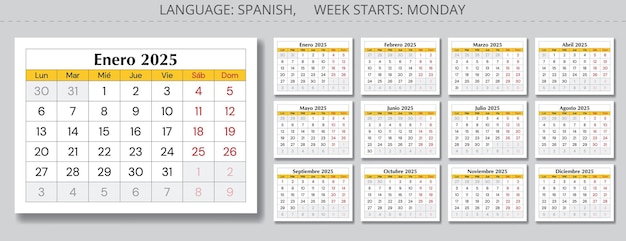 Calendario español 2025 Para España Una colección de ilustraciones vectoriales de páginas de papel para el mes del año