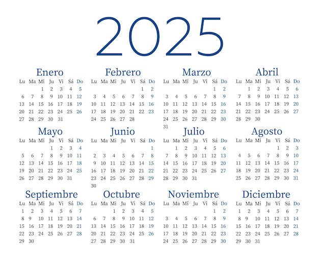 Calendario en español para 2025 La semana comienza el lunes Vector