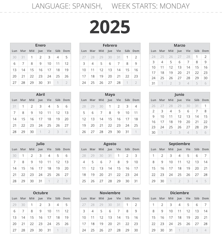 Vector calendario español para el año 2025 imprimible en color gris vector ilustración españa