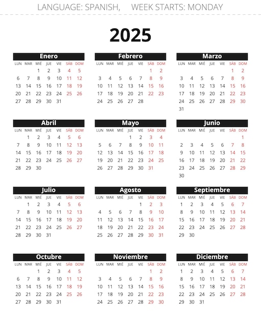 Calendario español para el año 2025 Imprimible en vectores de colores negro y rojo Ilustración España