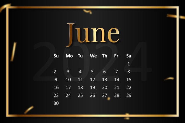 Calendario de estilo dorado del mes de junio de 2024