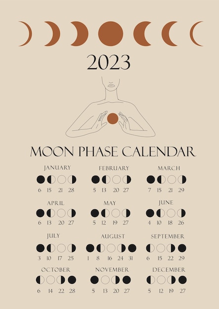 Vector calendario de fases lunares 2023 con una línea de chicas. gibosa menguante, creciente creciente, luna nueva, luna llena