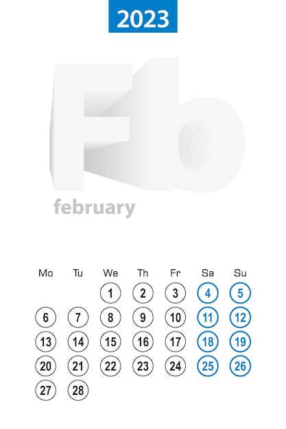 Calendario para febrero de 2023 diseño de círculo azul la semana en inglés comienza el lunes