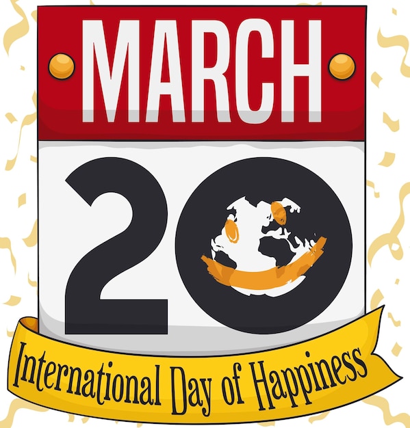Vector calendario con la fecha para el día internacional de la felicidad el 20 de marzo con un globo terrestre y una sonrisa pintada