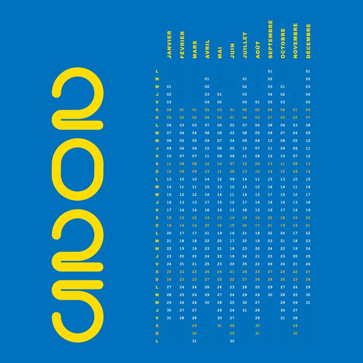 Vector calendario de fechas 2025 diseño francés vertical simple modificable color azul amarillo