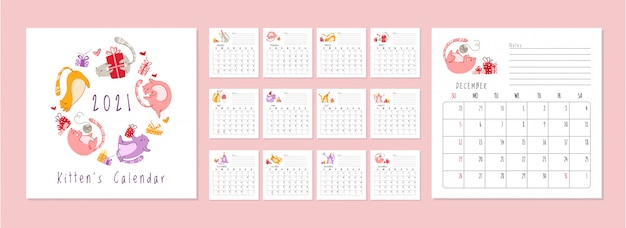 Calendario de fiesta de cumpleaños de gatos 2021 - gatito divertido con sombrero festivo, cajas de regalo y regalos, tarta de cumpleaños y bebidas