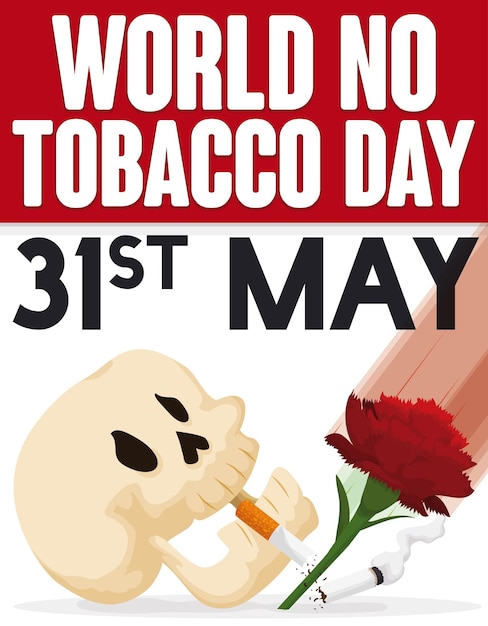 Calendario de hojas sueltas con calavera fumando un cigarrillo y rosa roja para el Día sin Tabaco