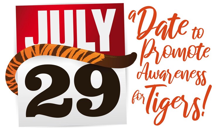 Vector calendario de hojas sueltas con cola rayada que promueve el día internacional del tigre el 29 de julio