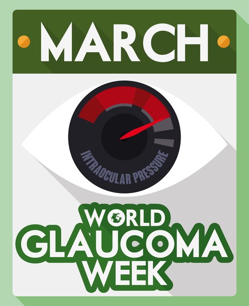 Vector calendario de hojas sueltas con ojo como manómetro y recordatorio en estilo plano para la semana mundial del glaucoma
