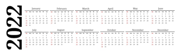 Calendario horizontal para 2022 aislado sobre fondo blanco. De domingo a lunes, plantilla de negocios. Ilustración vectorial