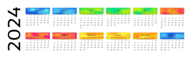 Calendario horizontal para 2024 aislado sobre un fondo blanco de domingo a lunes plantilla de negocios Ilustración vectorial