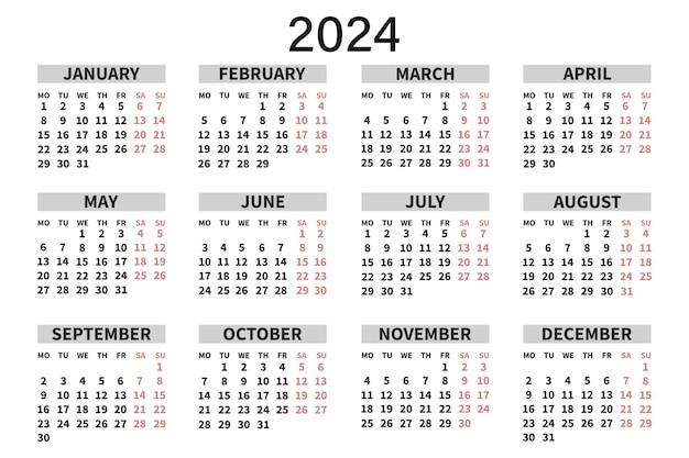 Vector calendario horizontal clásico 2024 en inglés días semanas y meses vector de impresión