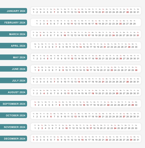 Calendario horizontal de una línea 2024 Plantilla de calendario de una línea para su diseño