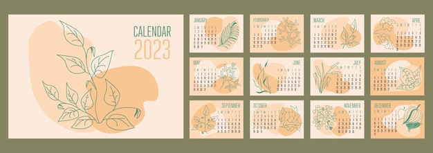 Calendario horizontal vectorial 2023 formas abstractas de moda con plantas botánicas dibujadas a mano la semana comienza el domingo