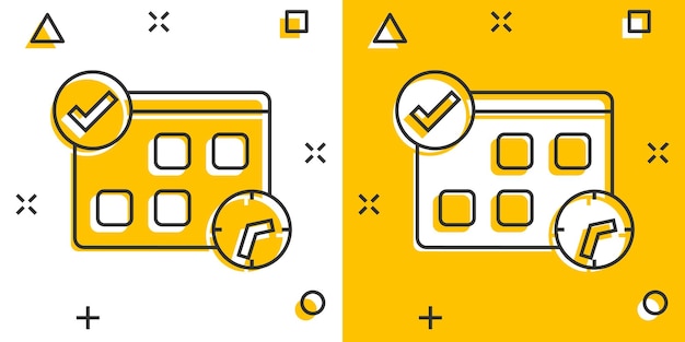 Calendario con icono de reloj en estilo cómic Ilustración de vector de dibujos animados de Agenda sobre fondo blanco aislado Concepto de negocio de efecto de salpicadura de planificador de tiempo de programación