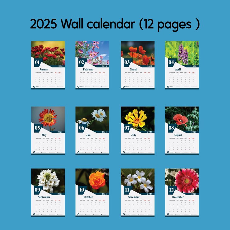un calendario con una imagen de flores y el calendario de pared del año