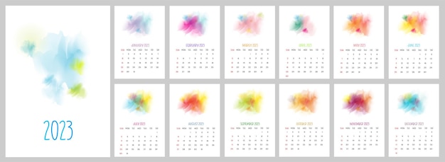 Calendario imprimible mensual 2023 diseño de acuarela.