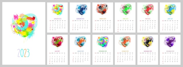 Calendario imprimible mensual 2023 diseño de acuarela.