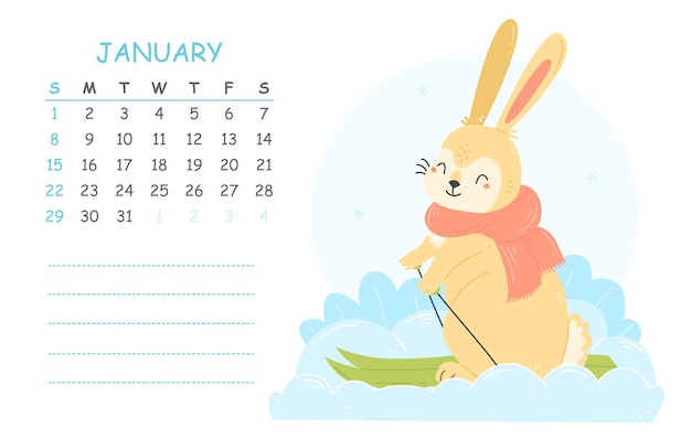 Calendario infantil de enero de 2023 con una ilustración de un lindo conejo en esquís