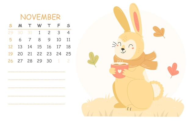 Calendario infantil de noviembre para 2023 con ilustración de un lindo conejo en bufanda con taza de cacao