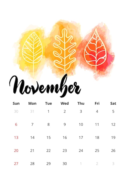 Vector calendario inglés 2022 noviembre. ilustración de vector de acuarela dibujada a mano con letras manuscritas.