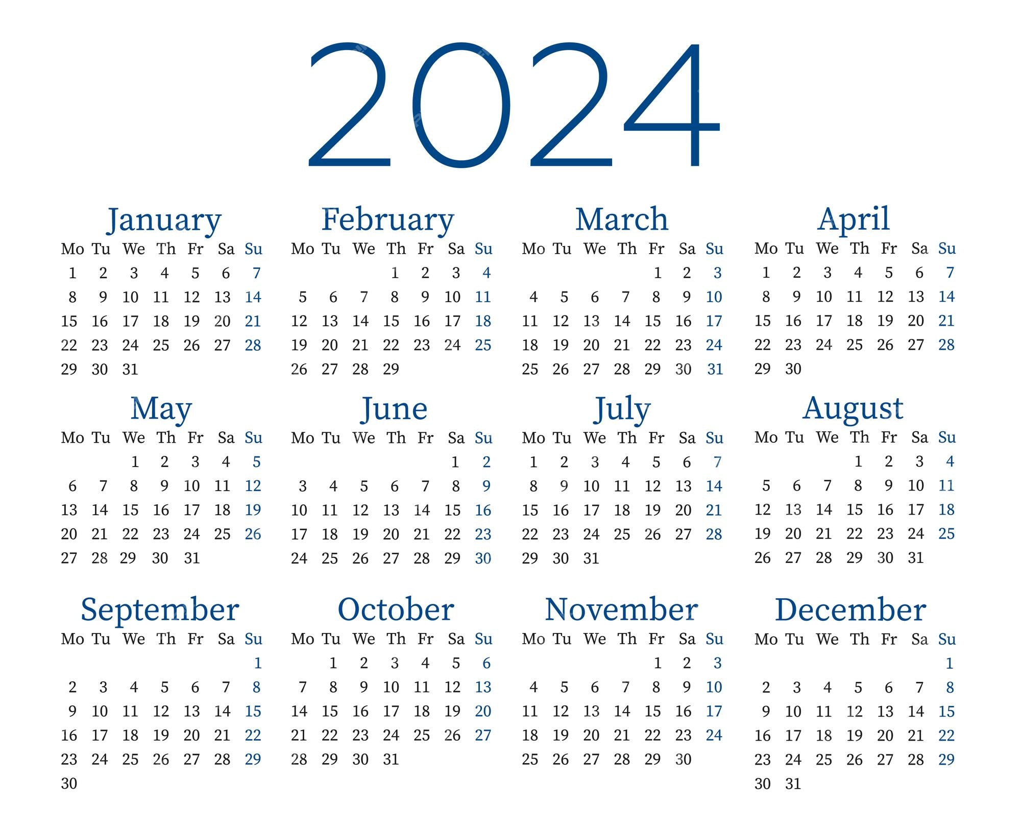 Calendario en inglés para 2024 la semana comienza el lunes Vector Premium