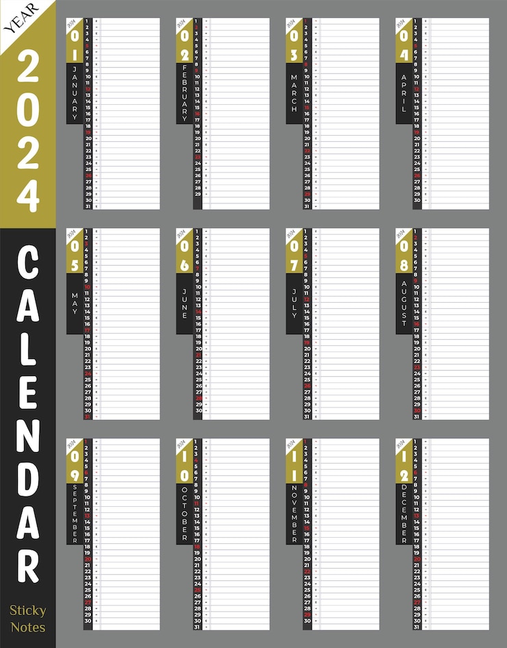 Vector calendario inteligente 2024 pared o escritorio vectorial de color gris imprimible con planificador de día
