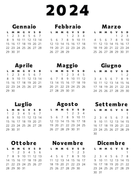 Calendario italiano para 2024 en color negro Ilustración vectorial imprimible editable para Italia